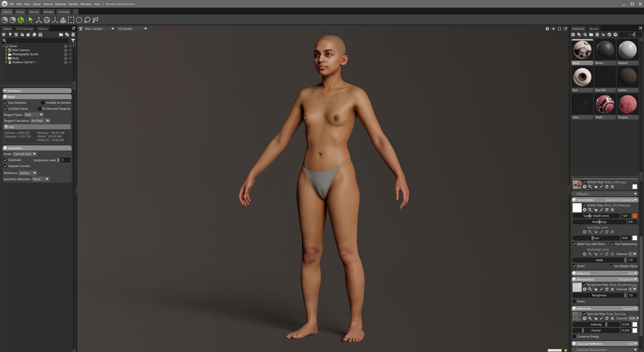 Marmoset Toolbag real-time scene render of a slim female 3D body scan with PBR textures applied